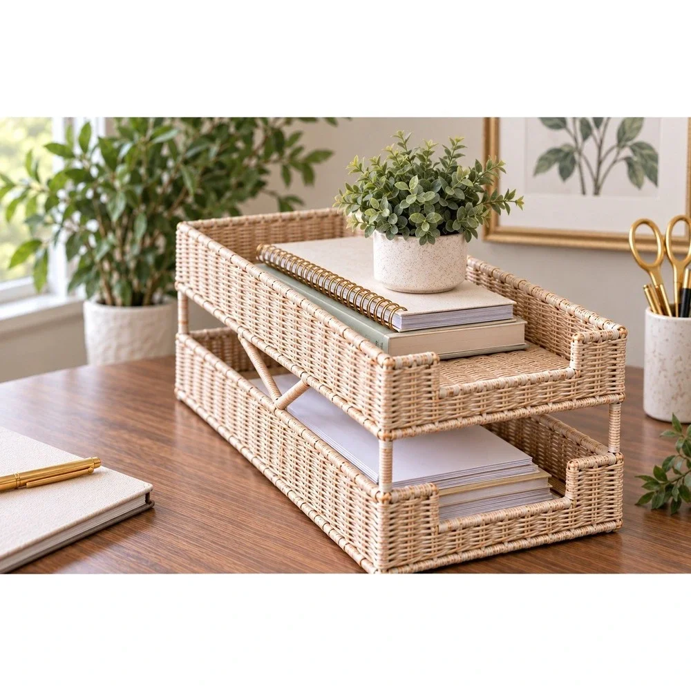 Wicker 2 Tier Letter Tray Desk Paper Organizer Whitewash Coastal Cottage Decor